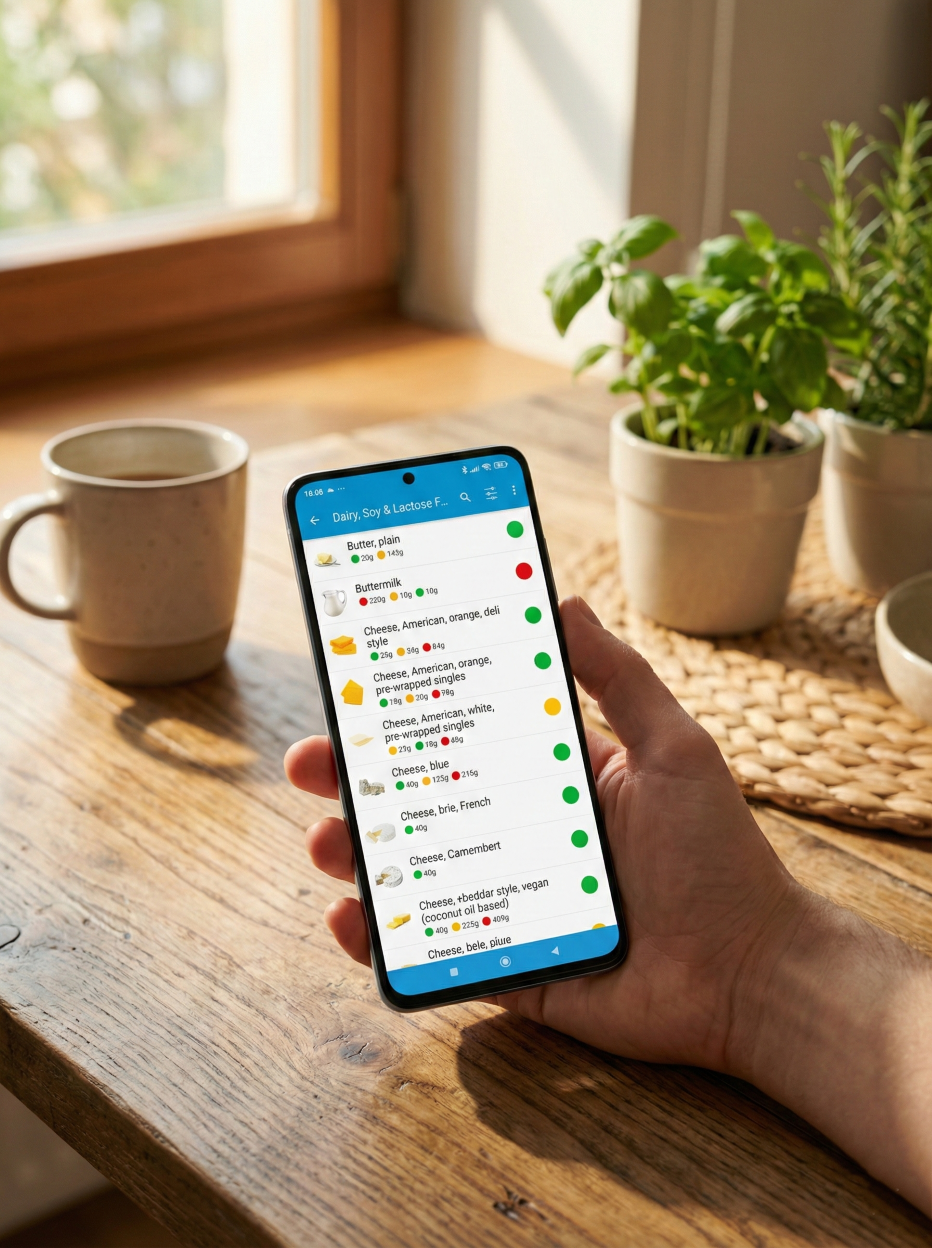 Dłoń trzymająca smartfon z uruchomioną aplikacją Monash University FODMAP Diet na tle kuchennego blatu