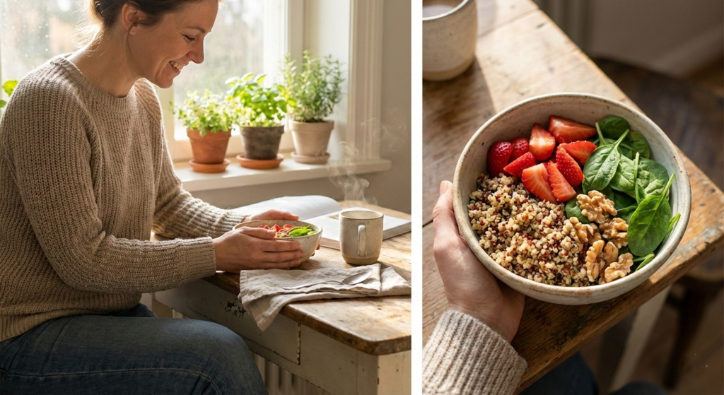 Kobieta ciesząca się zdrowym posiłkiem na diecie low fodmap przy IBS.