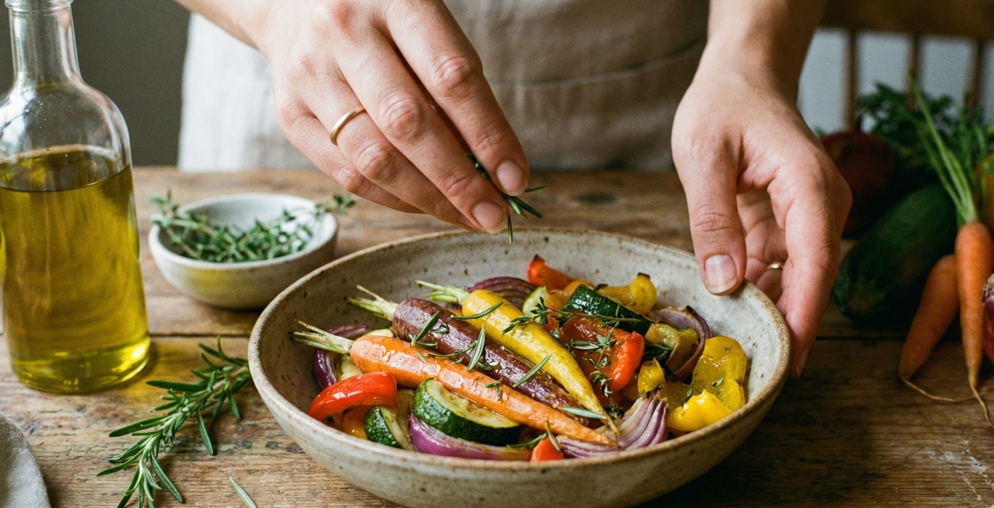 Przygotowanie posiłku low fodmap ze świeżymi ziołami zamiast czosnku i cebuli.